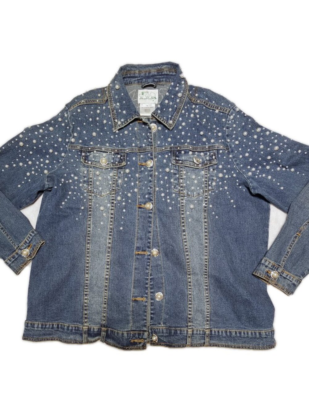 Quacker Factory Pearl Denim Jacket 1X Rhinestone Embellished Jean Plus Size QVC